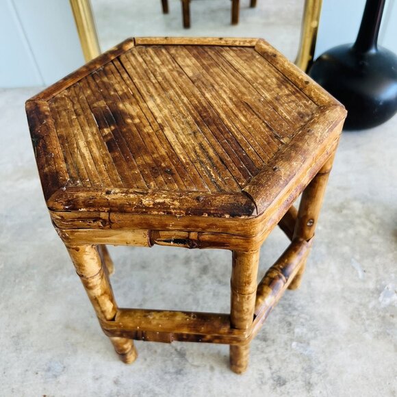 Vintage Hexagon Eclectic Burnt Tortoiseshell Bamboo Plant Stand / Side Table - Picture 6 of 8